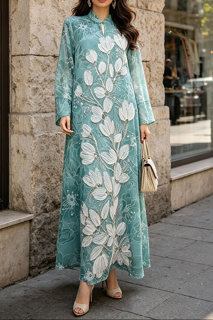 Vivien Beaded Floral-Embroidery Maxi Dress in Blue