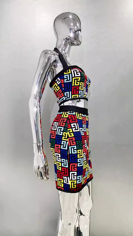 RACHEL MONOGRAM KNIT HALTERNECK TOP SKIRT SET