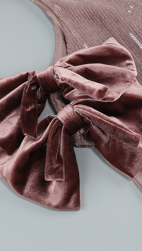 SETLLA BOW DETAIL SEQUIN MAXI DRESS IN BROWN