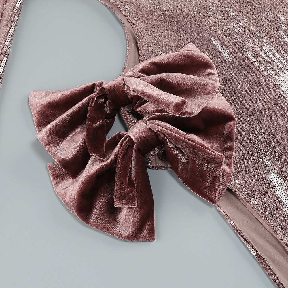 AIIZIE SETLLA BOW DETAIL SEQUIN MAXI DRESS IN BROWN - product image