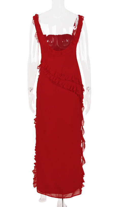 RUFFLE MAXI DRESS IN CHERRY