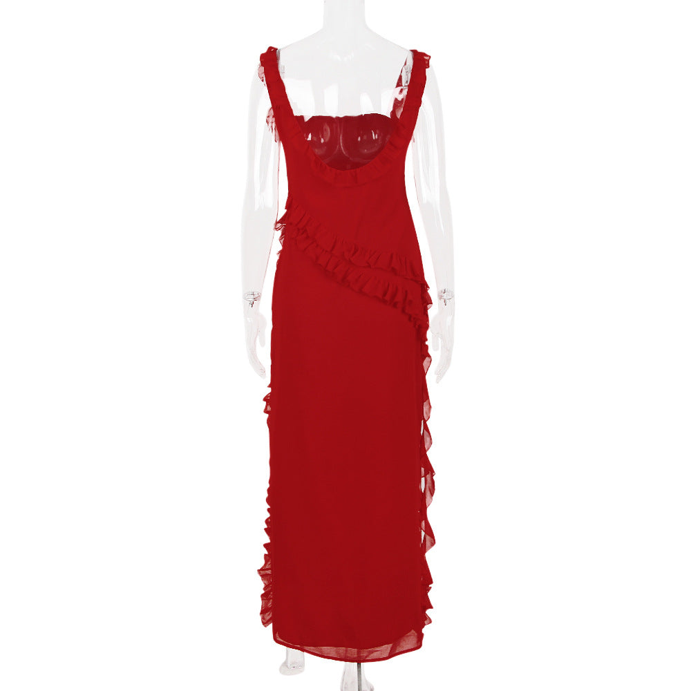 MAXIKLEID MIT RÜSCHEN IN KIRSCHE 