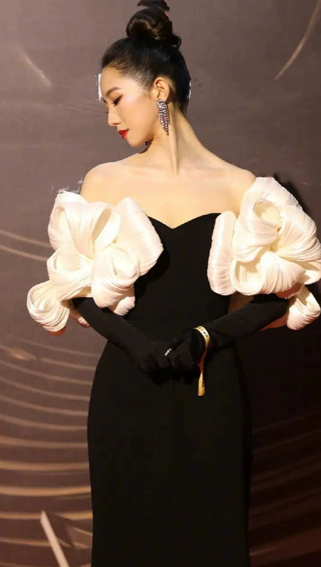 BOWKNOT FLORAL-SHAPE EMBELLISHED MAXI DRESS IN BLACK