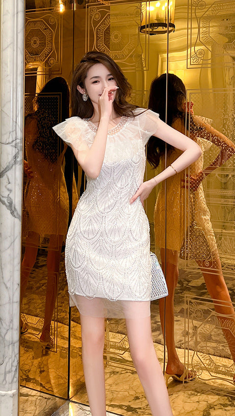 diana pearl detail sequin mini dress in white