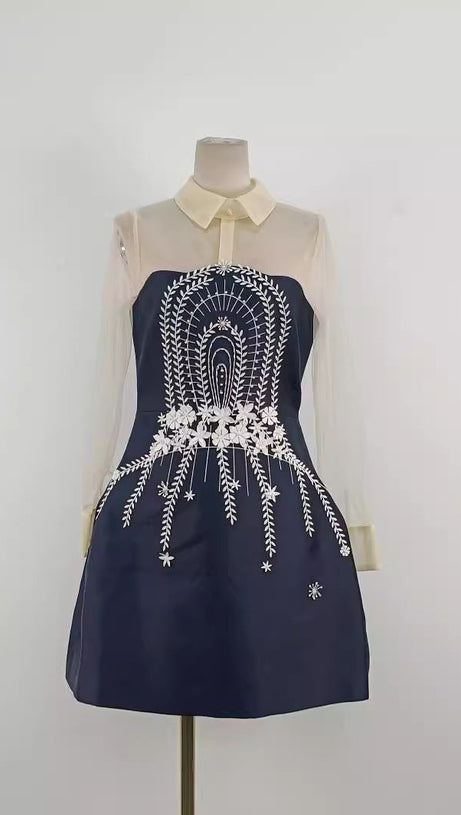 EMBROIDERED FLOWER LAPEL TULLE MINI DRESS IN DARK BLUE