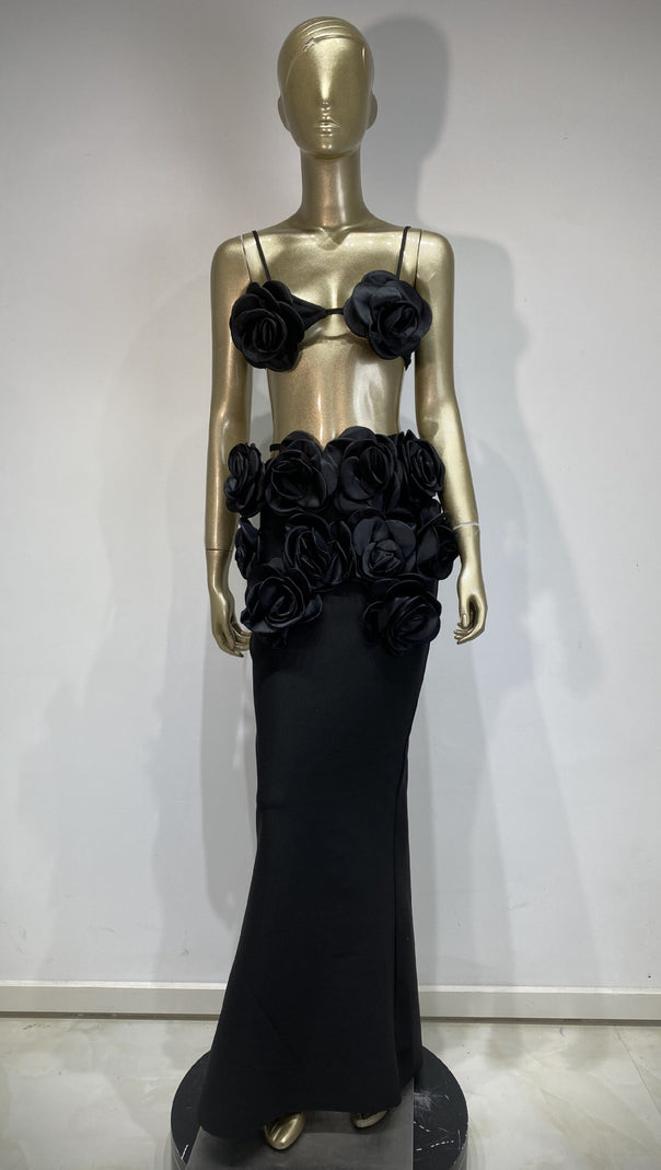 AIIZIE BLACK FLOWERED TOP AND LONG MIDI SKIRT SET - product image