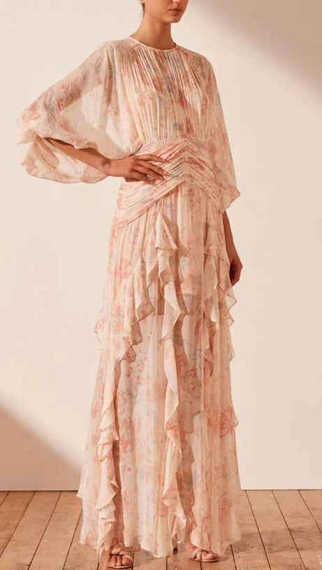 PUFF LONG SLEEVE TIERED RUFFLE HEM MAXI DRESS IN PINK