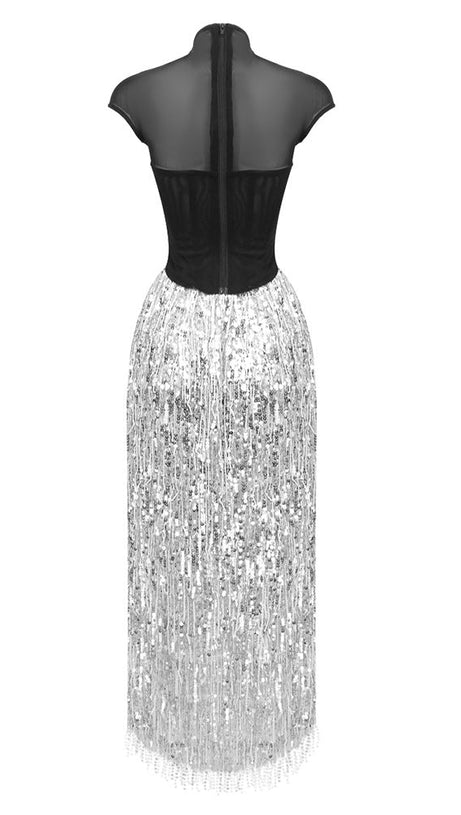 TASSEL SEQUIN BLACK CORSET MAXI DRESS