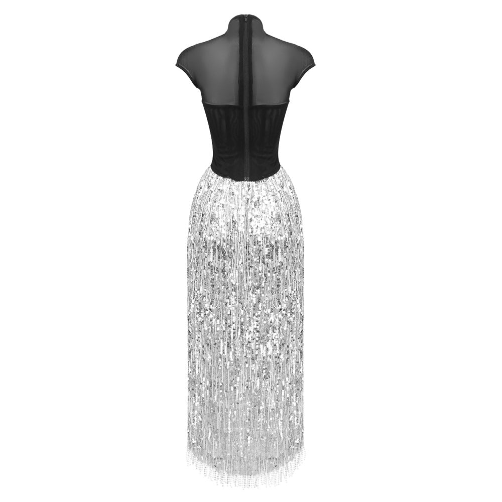 AIIZIE TASSEL SEQUIN BLACK CORSET MAXI DRESS - product image