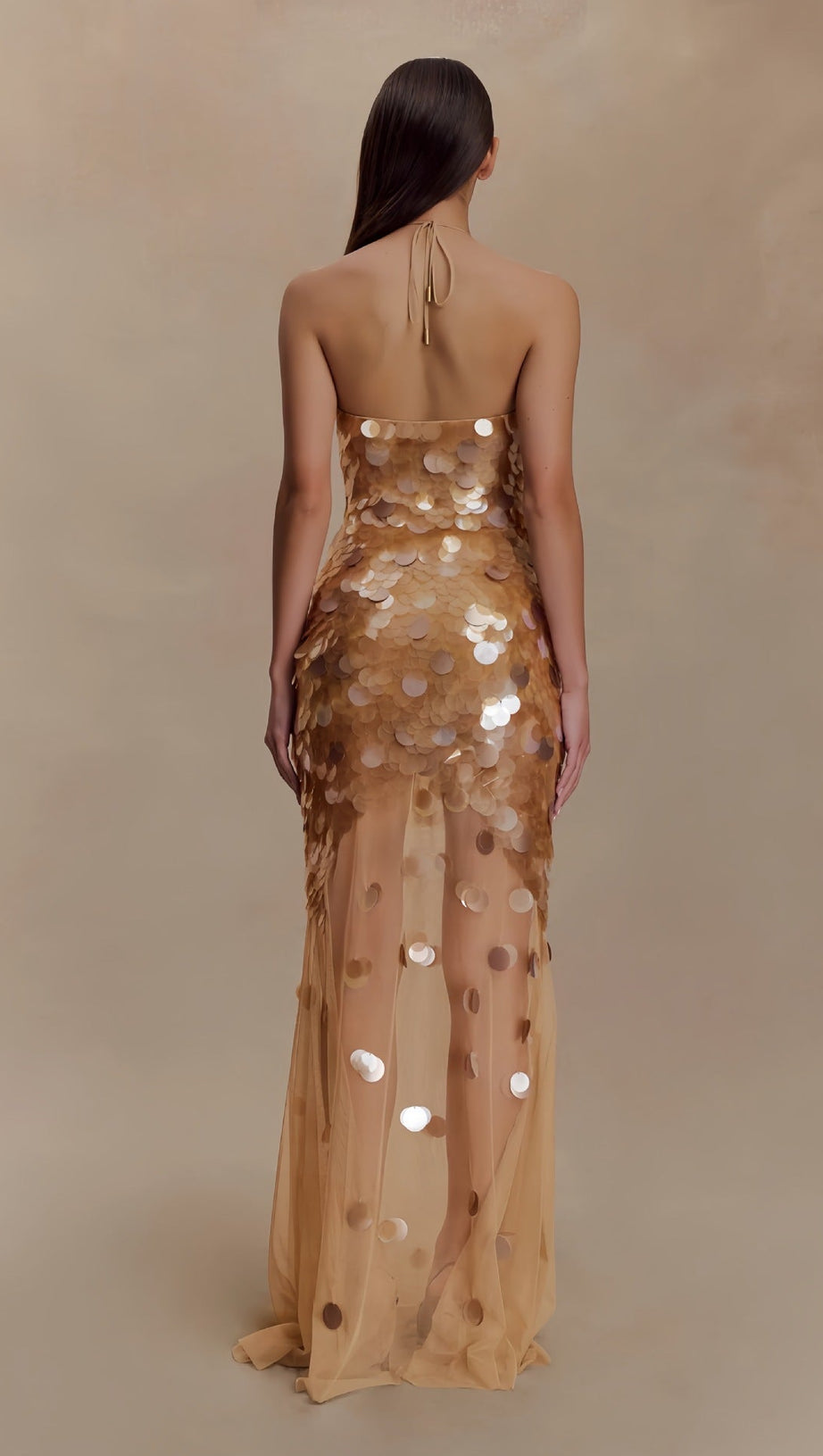 RADIANT GOLD SEQUIN HALTER MAXI DRESS - SHEER MESH GOWN FOR GLAMOROUS EVENINGS