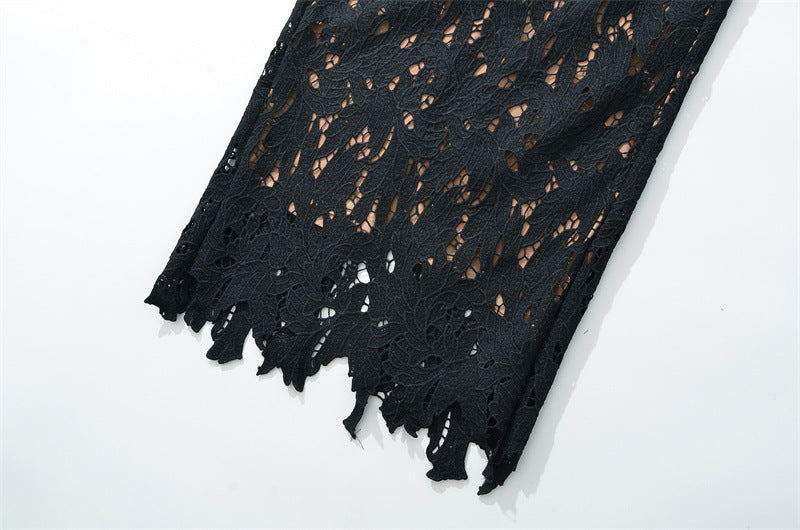 ABITO LUNGO IN PIZZO RICAMATO CON FIOCCO E CINTURINI HERMOSA NERO