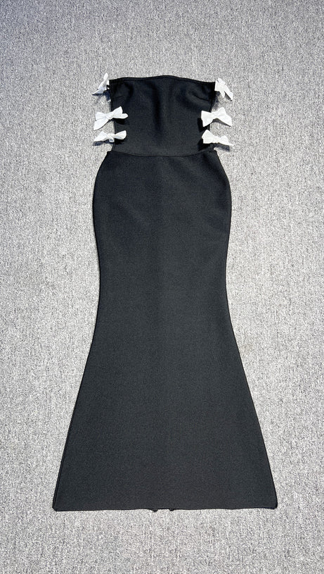 GONNA A SPALLA SLIM FIT CON FIOCCO CAVATO E FASCIA A SPALLA NERA