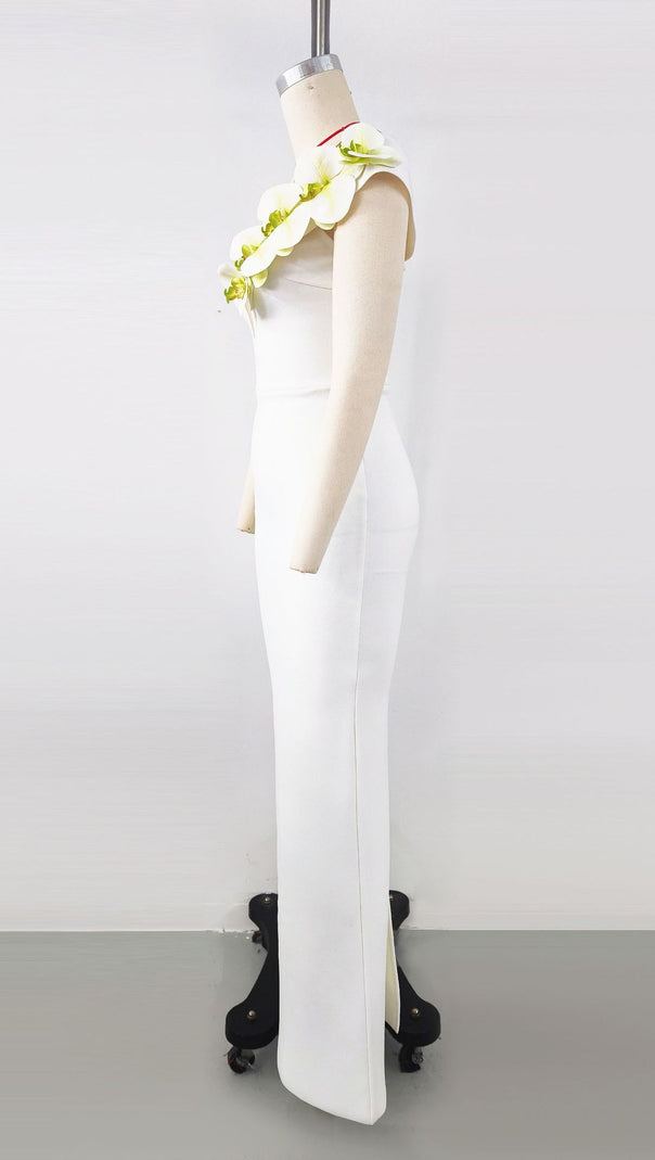 AIIZIE BANDAGEDRESS ELEGANT FLORAL ONE-SHOULDER MAXI DRESS WHITE - product image