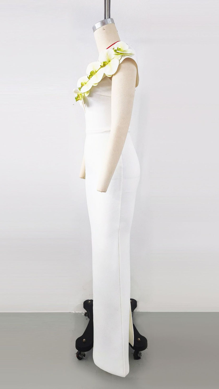 BANDAGEDRESS ELEGANTE ABITO LUNGO MONOSPALLA FLOREALE BIANCO