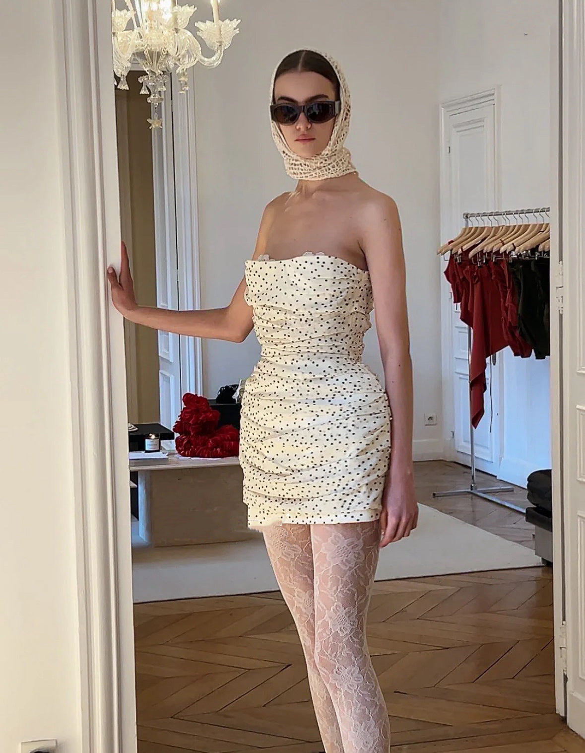 GEORGIA POLKA DOT TUBE TOP MINI DRESS IN APRICOT