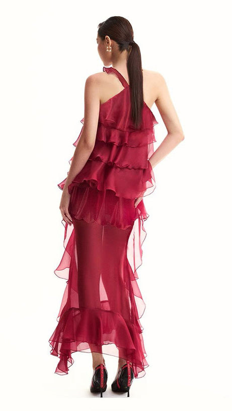 ABITO MIDI CON VOLANT IN CHIFFON E SCOLLO A V FLOREALE EUNICE ROSSO