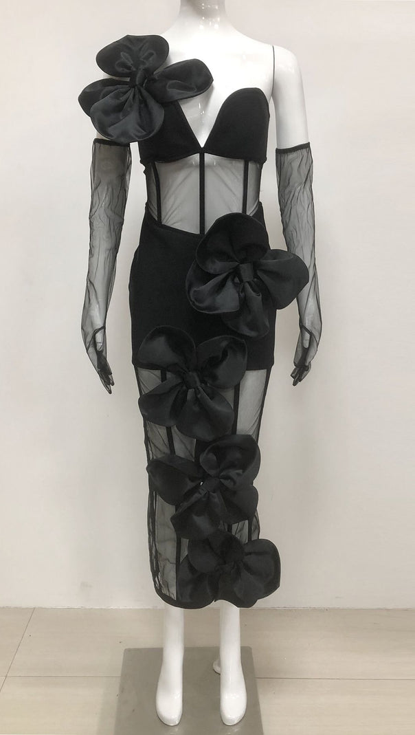 AIIZIE STRAPLESS FLORAL MESH BANDAGE DRESS MIDI DRESS BLACK - product image