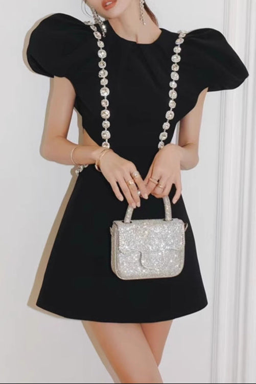 THREE-DIMENSIONAL RUFFLE RHINESTONE HOLLOW MINI DRESS IN BLACK