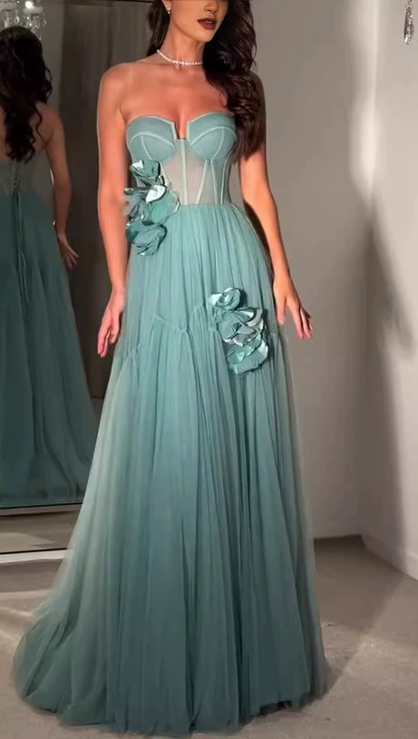 AALIYAH GREEN FLOWER EMBELLISH TULLE STRAPLESS MAXI DRESS