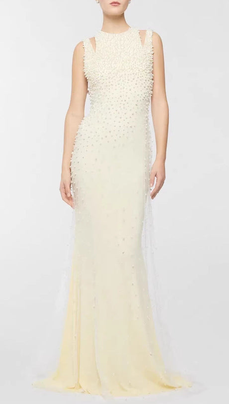 Pearl tassel off-shoulder fishtail maxi dress - yellow