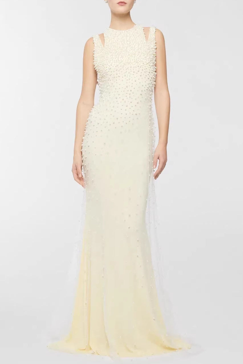 Pearl-Tassel Off-Shoulder Fishtail Maxi Dress in Butter Yellow