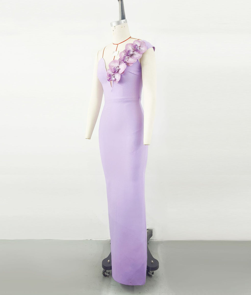 BandageDress elegantes florales One-Shoulder-Maxikleid lila