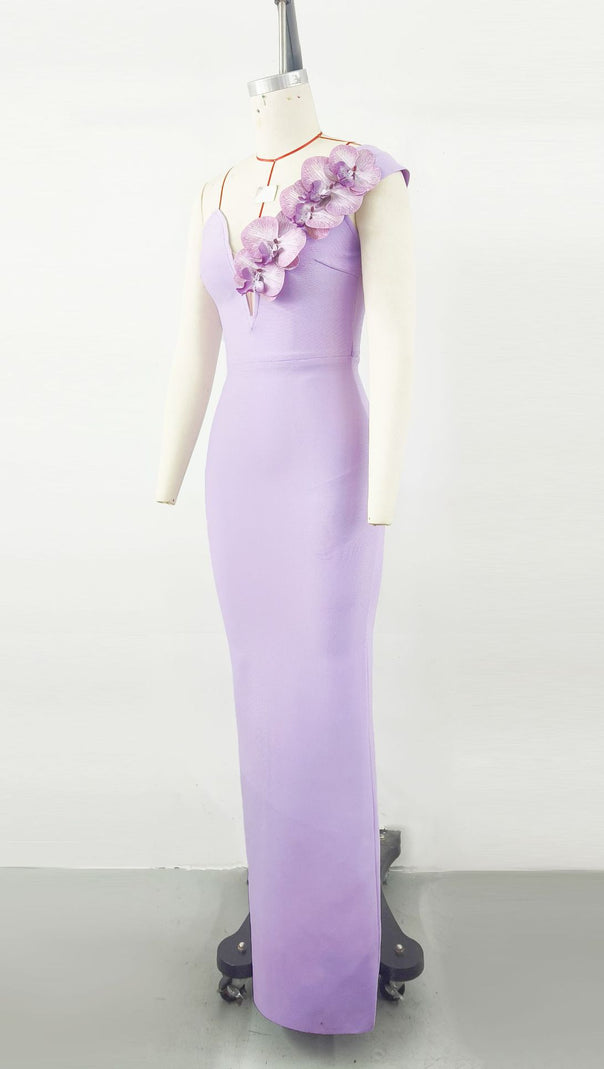 AIIZIE PURPLE ONE-SHOULDER FLORAL BANDAGE SPLIT MAXI DRESS - product image