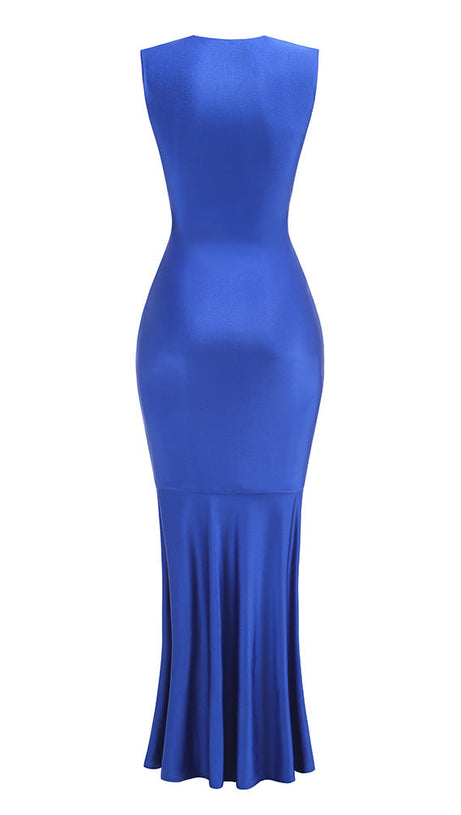 SLEEVELESS DEEP V NECK SHIRRED FRONT FISHTAIL GOWN