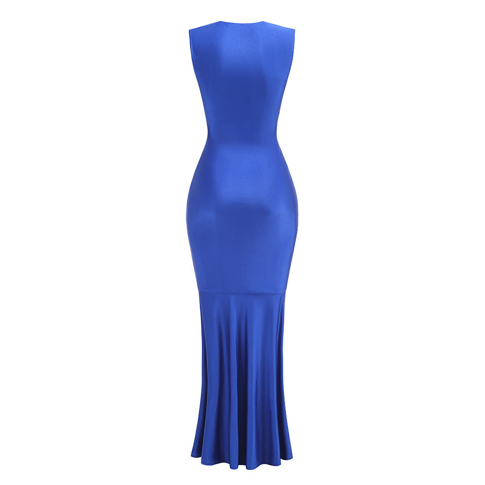 AIIZIE SLEEVELESS DEEP V NECK SHIRRED FRONT FISHTAIL GOWN - product image