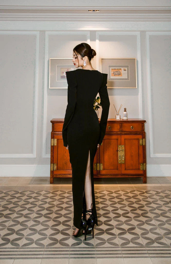 BLACK RADIANCE PADDED  SHOULDER HEART CUT SATIN DRESS