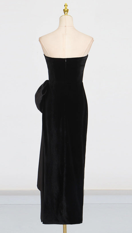 BOW IRREGULAR ASYMMETRIC SLEEVELESS MIDI DRESS IN BLACK