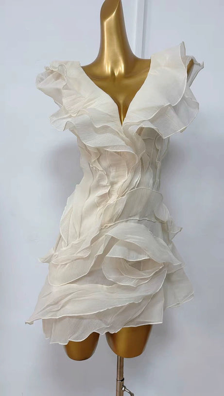 MINI ABITO SABRINA SENZA SPALLINE CON VOLANT A STRATI, BEIGE