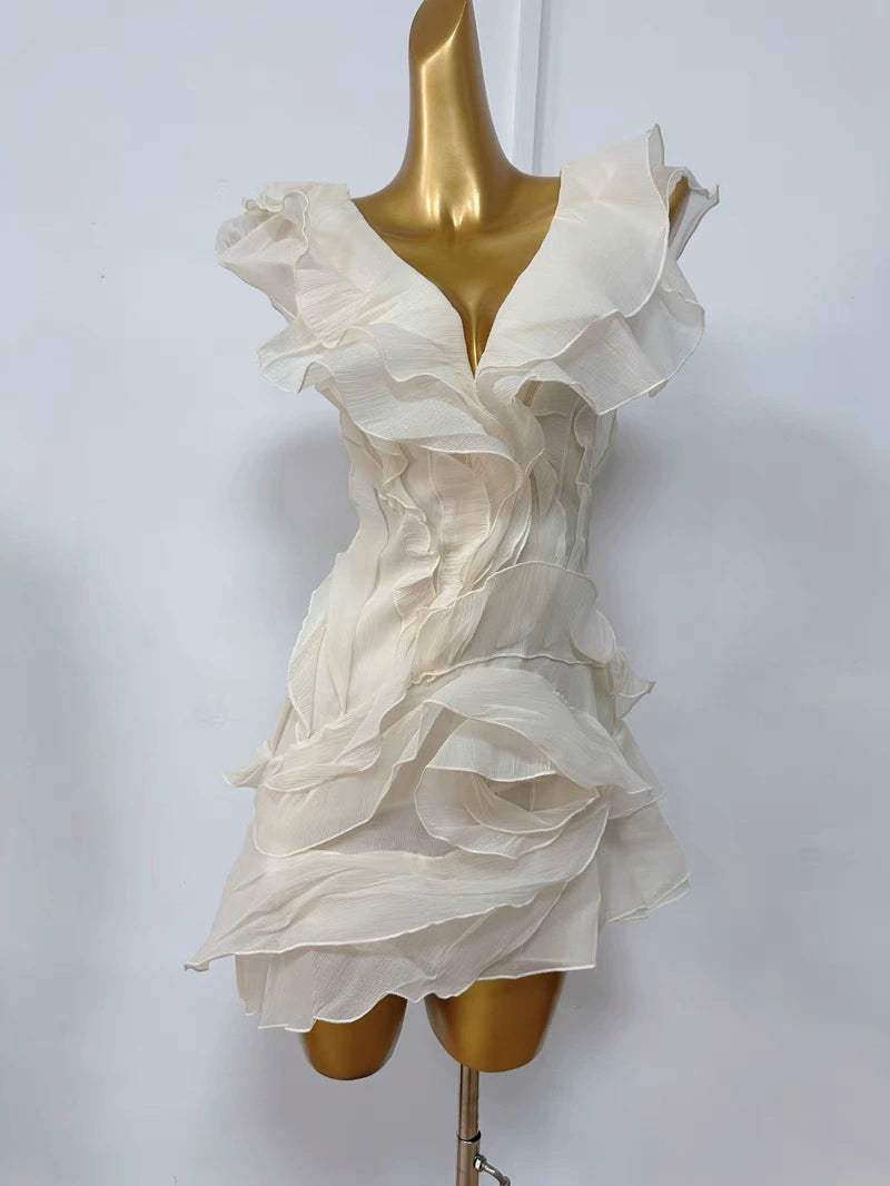 SABRINA RUFFLE LAYERS STRAPLESS MINI DRESS IN BEIGE