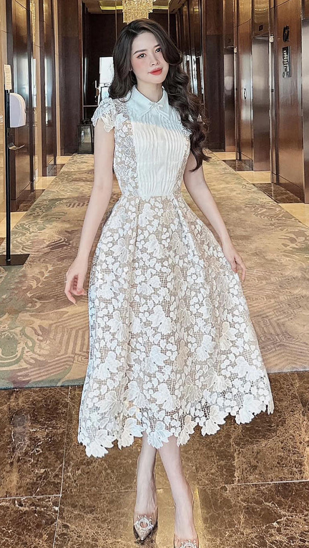 AIIZIE leila white 3D Flower embroidery Bow Lace midi Dress - product image