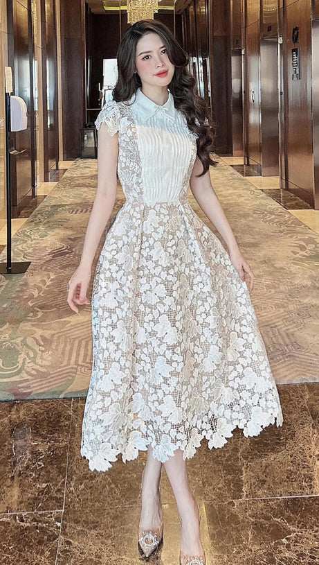 leila white 3D Flower embroidery Bow Lace midi Dress