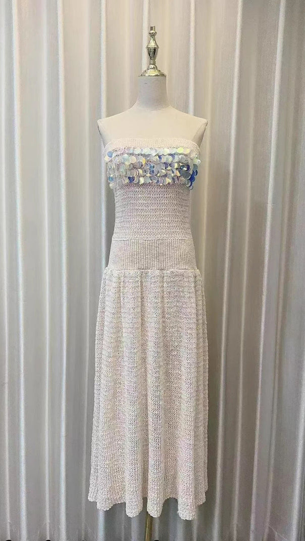 AIIZIE kimberley beige off-shoulder Sleeveless sequin jersey Maxi Dress - product image