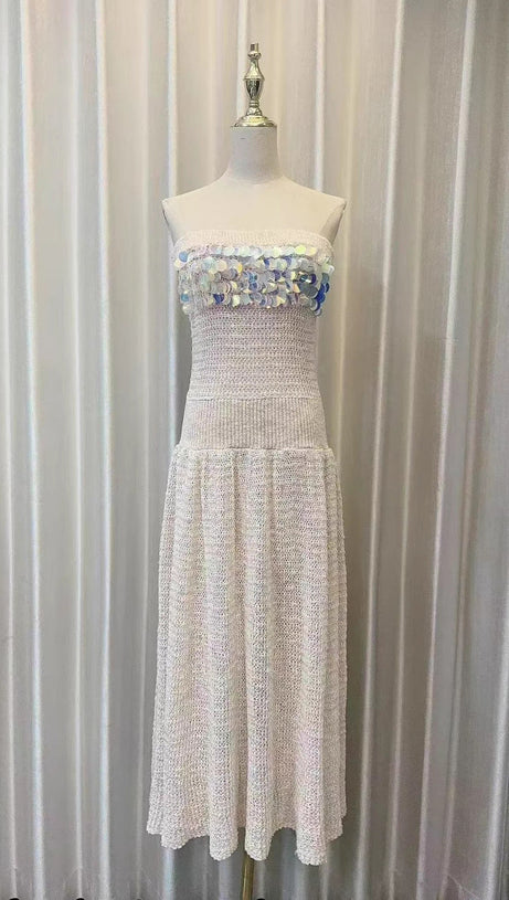 kimberley beige off-shoulder Sleeveless sequin jersey Maxi Dress