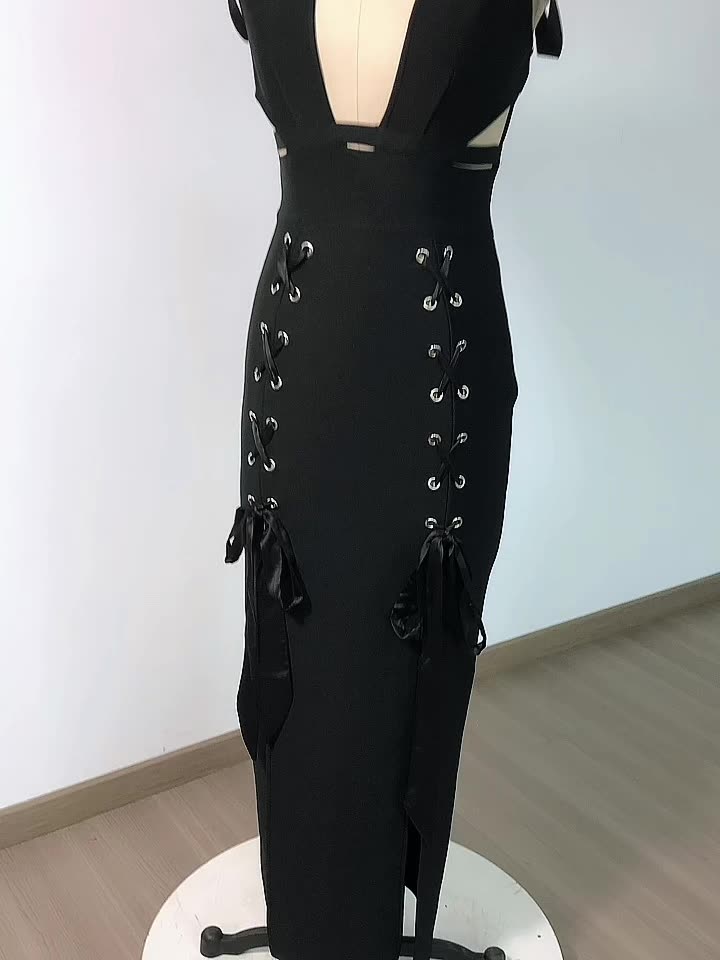 AIIZIE HOLLOW DOUBLE SLIT RIBBON MIDI DRESS IN BLACK - product image