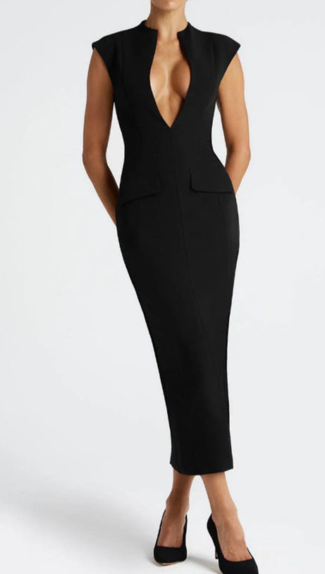 ABITO MIDI ADERENTE CON SCOLLO A V NELLIE NERO