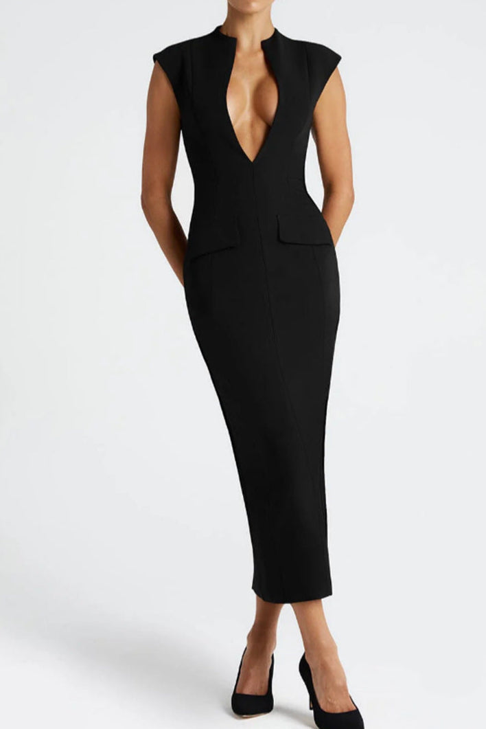 AIIZIE NELLIE V-NECK BODYCON MIDI DRESS IN BLACK - product image