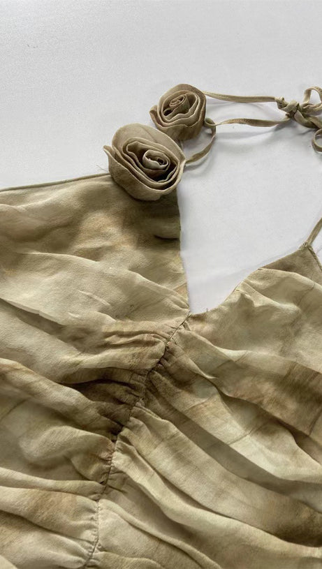 RUFFLED PYTHON-PRINT MINI DRESS IN SAND BEIGE