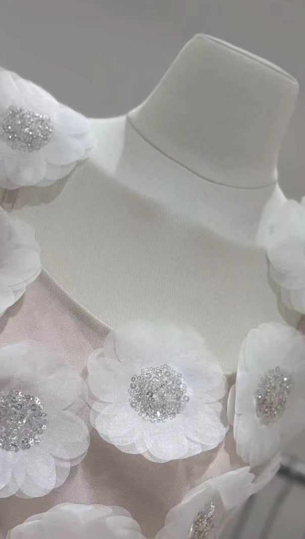 lola Rhinestone 3D Flowers mini dress - white