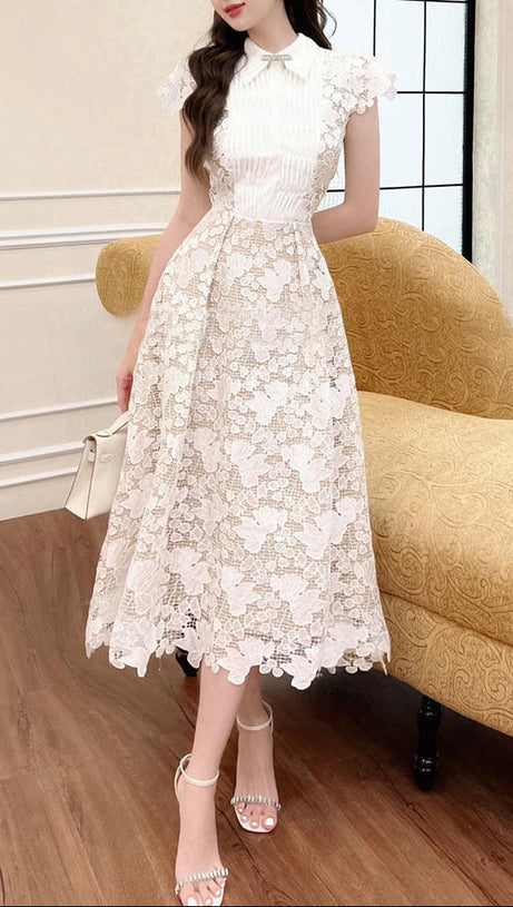 leila white 3D Flower embroidery Bow Lace midi Dress