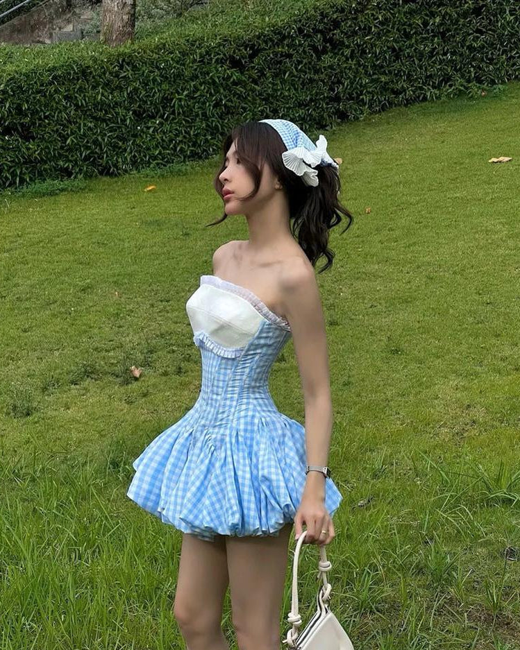 stephanie plaid strapless puffy mini dress - blue