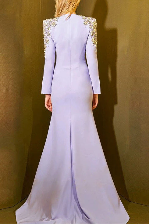 Lavender Beaded Mermaid Gown with Crystal Shoulder Accents