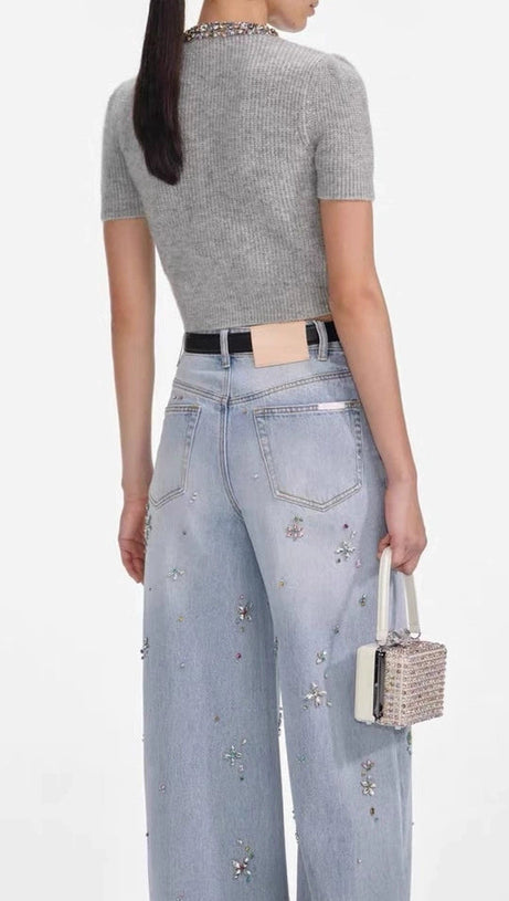 HENRIKE LUXE GREY EMBELLISHED KNIT TOP - SPARKLING SHORT SLEEVE STYLE