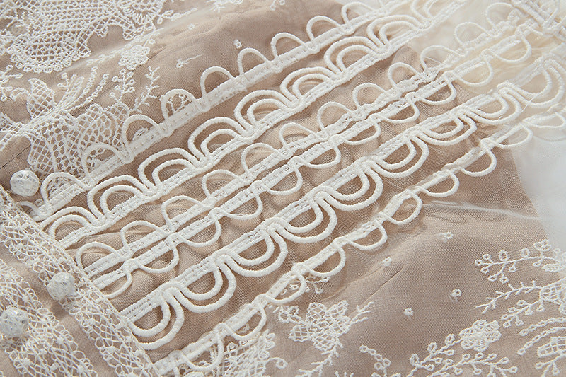 A-LINE SLEEVELESS LACE TEMPERAMENT EMBROIDERED COURT MIDI DRESS