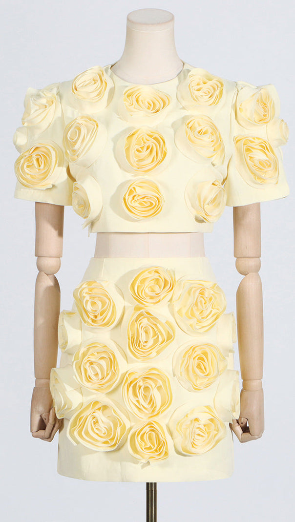 AIIZIE 3D FLOWER BUBBLE SLEEVE TOP SKIRT SUIT IN YELLOW - product image