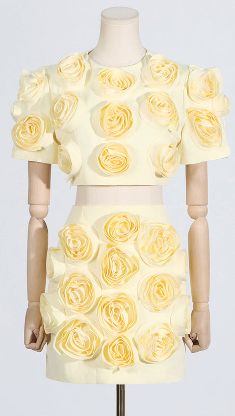 3D FLOWER BUBBLE SLEEVE TOP SKIRT SUIT IN YELLOW