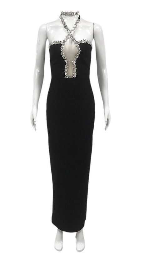 DIAMOND-EMBELLISHED HALTERNECK FITTED BANDAGE MAXI DRESS BLACK